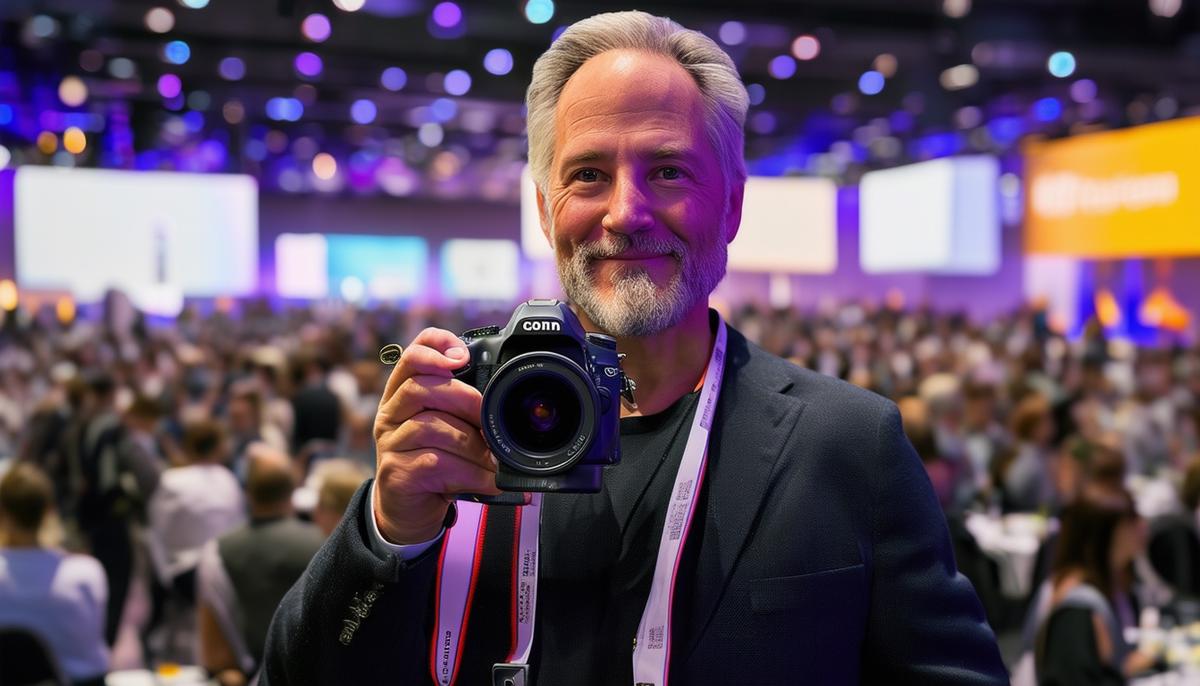 Portrait of Drew Bird, a renowned San Francisco conference photographer, confidently holding his camera with a backdrop of a bustling conference hall, conveying his experience and professionalism.