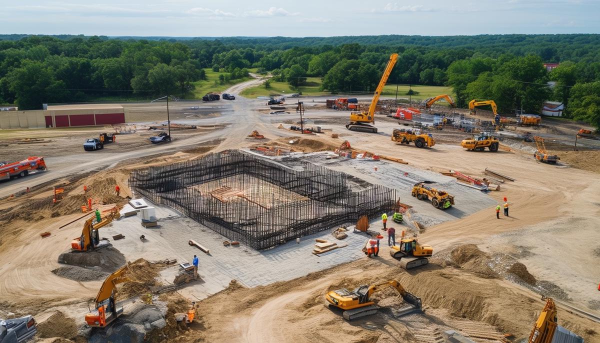 A drone capturing aerial footage of a construction site in Arkansas, with workers and equipment visible from above