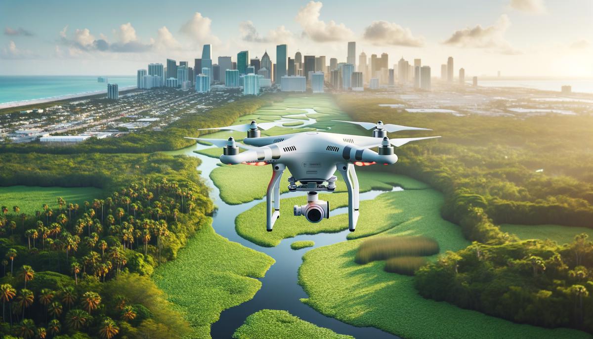 A drone equipped with advanced sensors flying over a Miami wetland, collecting data for environmental monitoring and conservation efforts