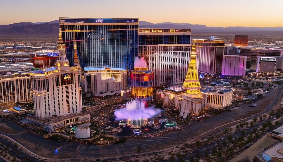 A drone captures a stunning panoramic view of the Las Vegas skyline, showcasing the city's expansive urban landscape and desert surroundings.