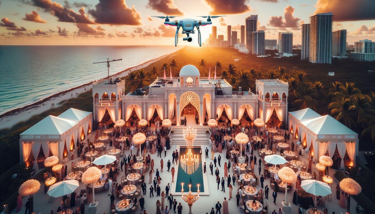 A drone capturing aerial shots of a luxury event venue in Miami at sunset