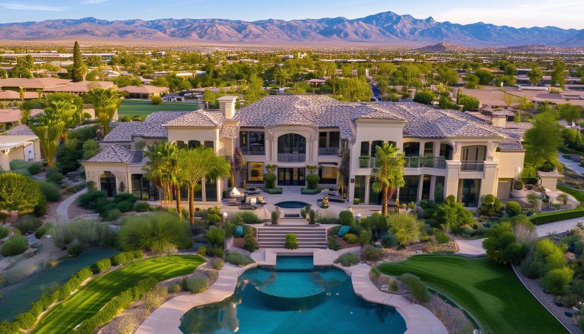 A drone captures aerial footage of a luxurious property in Las Vegas, showcasing its expansive layout, lush landscaping, and high-end amenities.