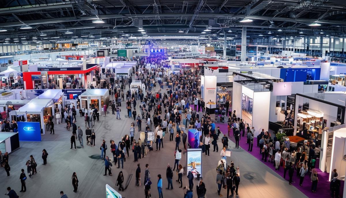 Drone photography capturing unique aerial perspectives of a bustling trade show floor, offering immersive and engaging visual experiences for event attendees and remote audiences.