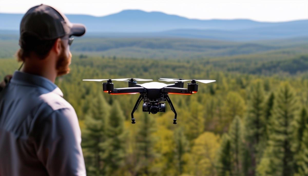 A certified drone pilot operating a drone in a scenic Arkansas location, with mountains and forests in the background
