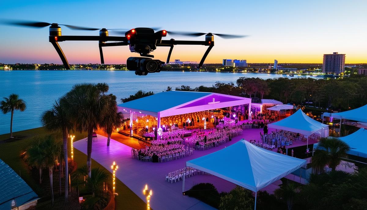 A drone hovering above a Tampa waterfront event, capturing sweeping aerial views of the venue and surrounding landscape