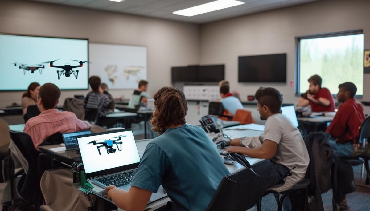 A classroom setting with aspiring drone pilots studying FAA regulations and flight procedures in Arkansas