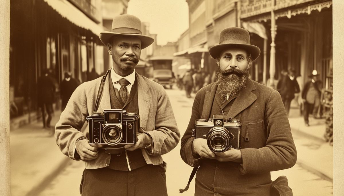 A sepia-toned photograph of early San Antonio photographers Eugenio K. Sturdevant and Ernst Raba with their cameras, capturing street scenes and portraits in the late 1800s.