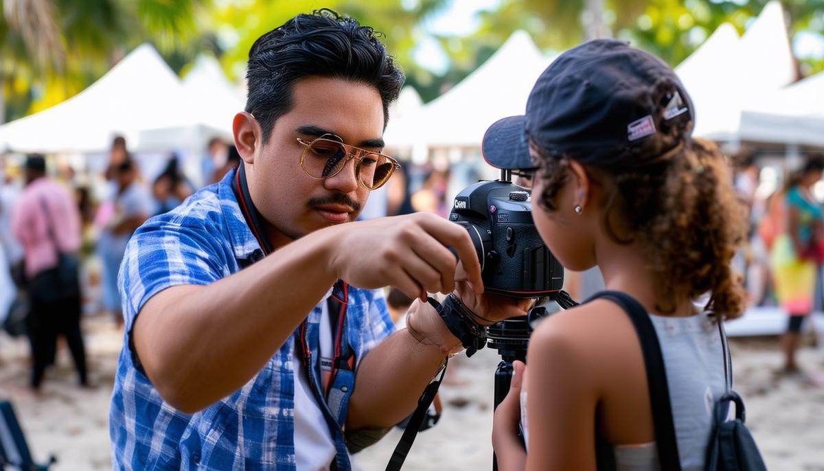 Edin Chavez providing hands-on photography guidance to a student at a Miami festival