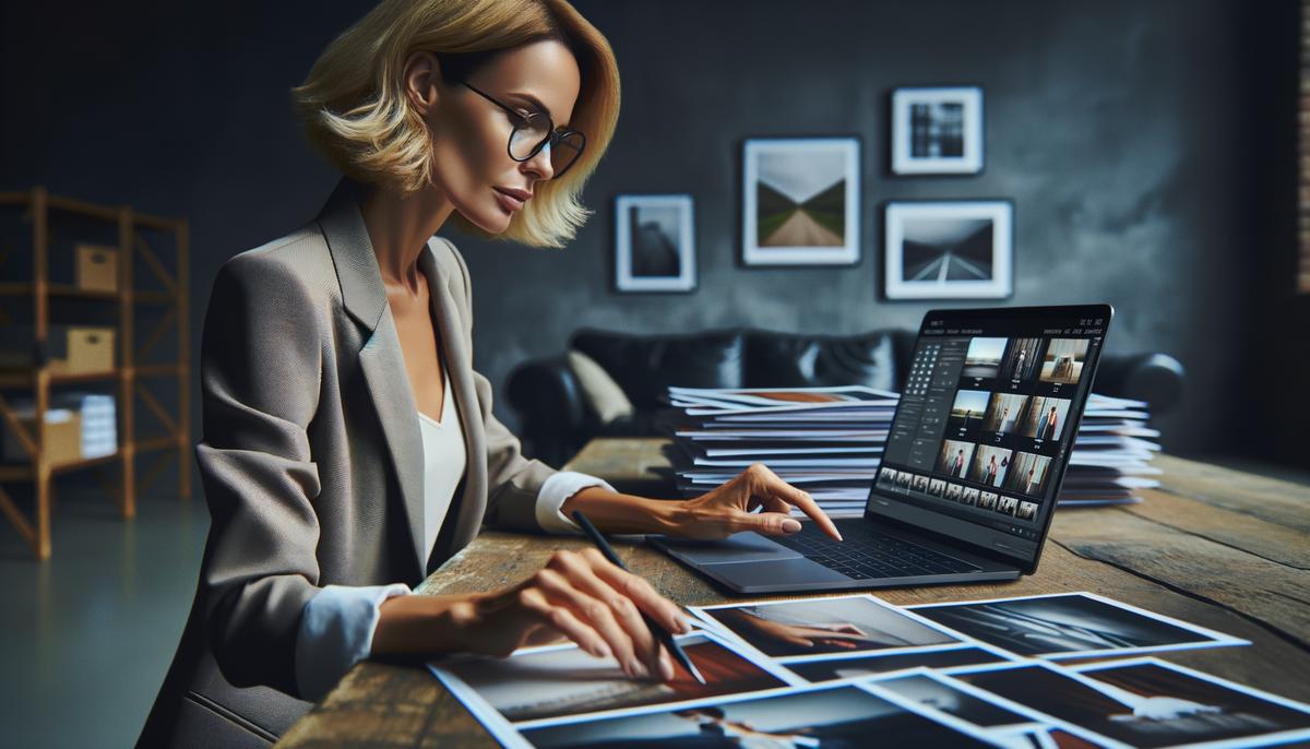 A photographer editing and curating the final images from a company milestone photoshoot, ensuring a cohesive and compelling visual narrative