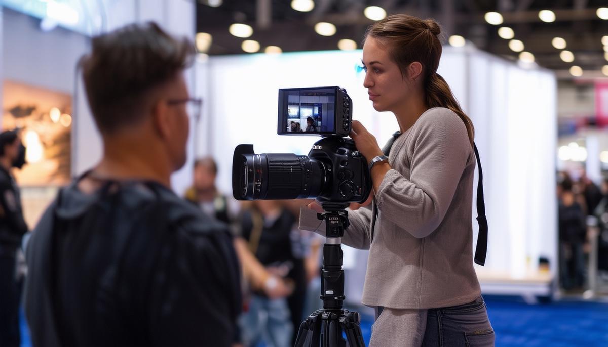 A professional photographer capturing a candid moment at a trade show, showcasing proper lighting and angle techniques