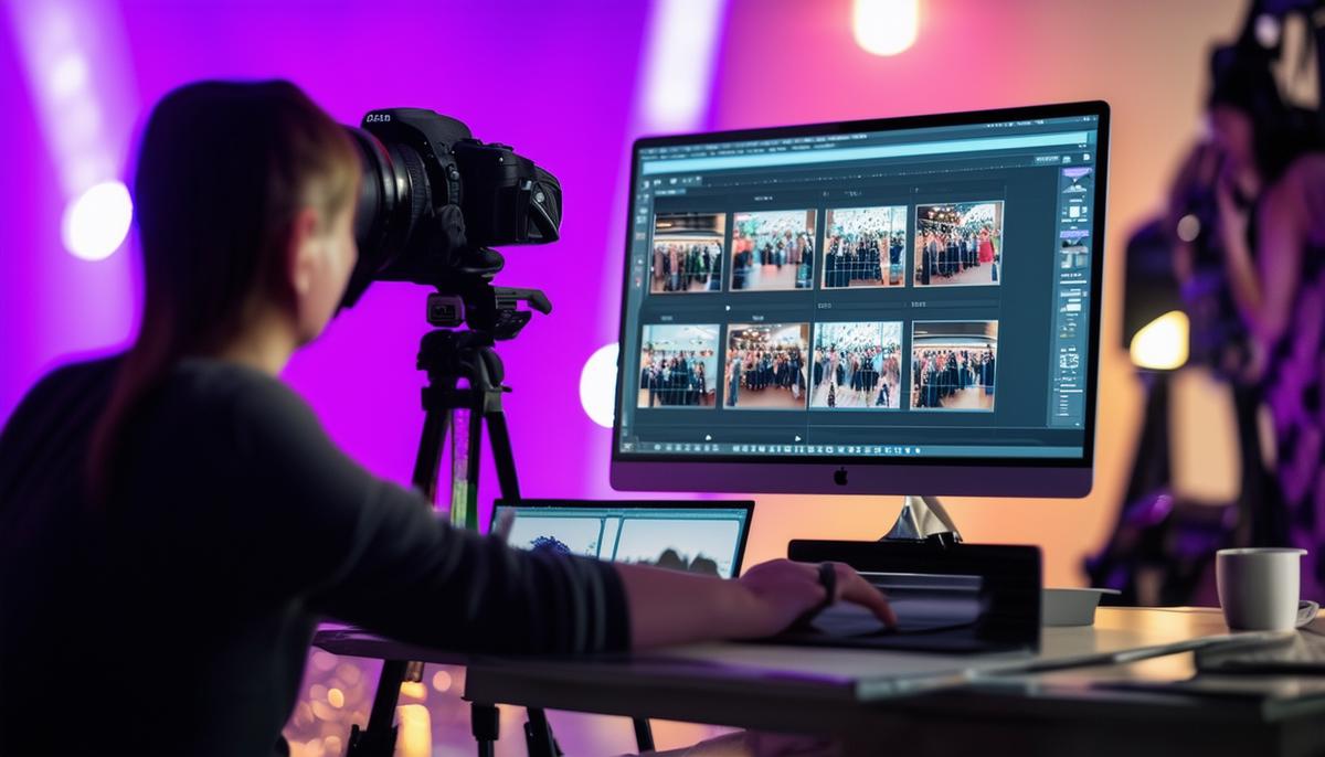 A photographer works on a computer, editing and curating event photos using professional software, ensuring prompt delivery of high-quality images to clients.