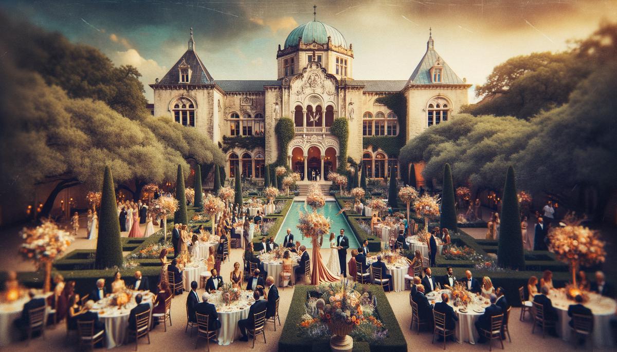 An elegant event taking place on the stunning grounds of the McNay Art Museum in San Antonio, with guests enjoying the lush gardens and grandiose architecture.