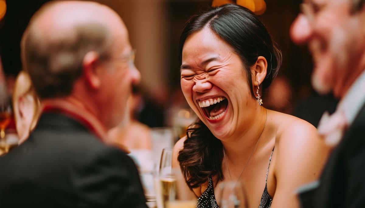 A candid moment captured at a Portland gala, showing guests laughing and interacting