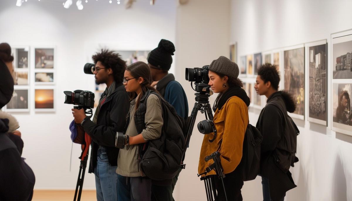A group of young, diverse photographers showcasing their work in a Boston gallery