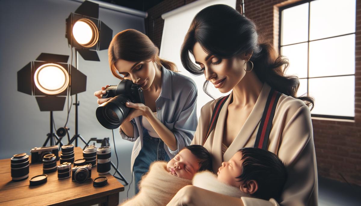 Emily photographing a mother with newborn twins in a studio setting