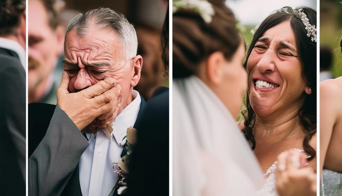A collage of emotional wedding moments including a father's teary eyes and a nervous smile from a partner