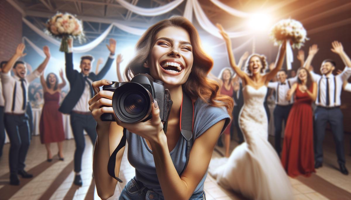 Female photographer enthusiastically capturing a wedding moment, surrounded by joyful guests