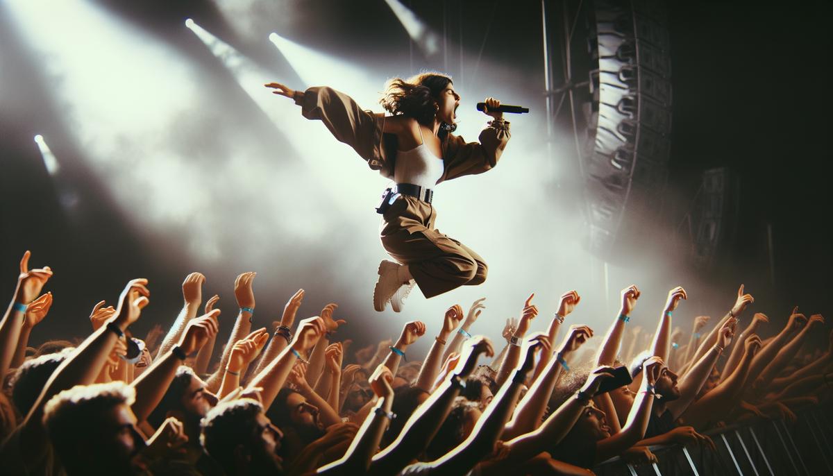 A dynamic shot of a musician performing on stage, with dramatic lighting and an enthusiastic crowd visible