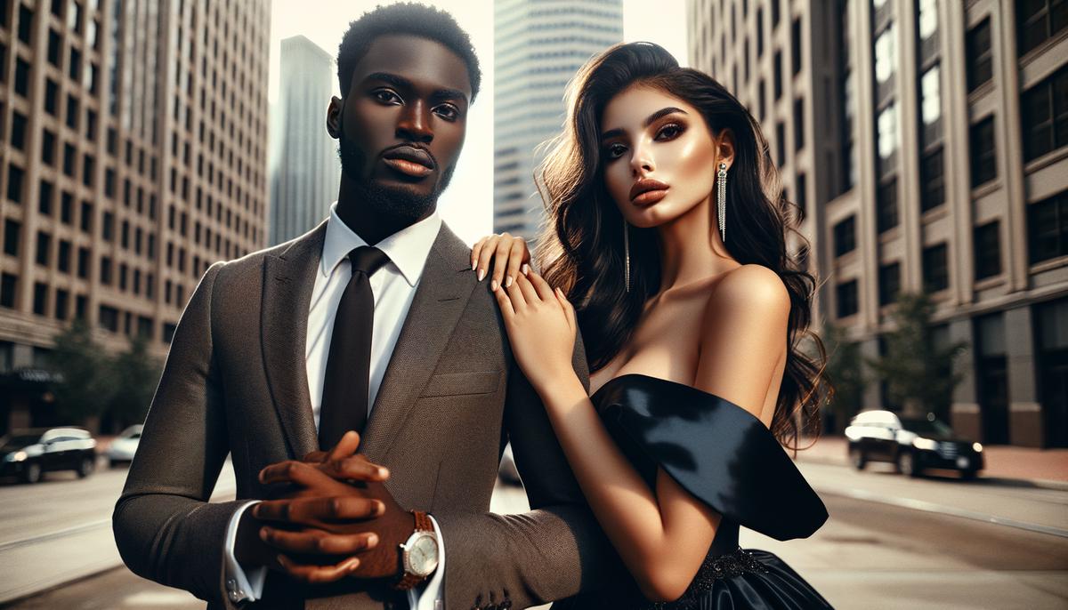 A couple showcasing stylish outfits for their engagement photo session in Denver