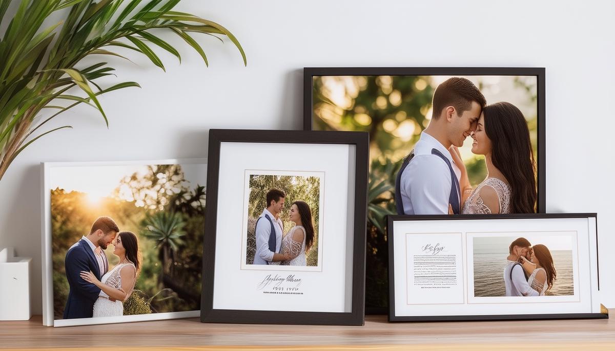 A professional display of engagement photo packages including prints, canvas, and a photo book