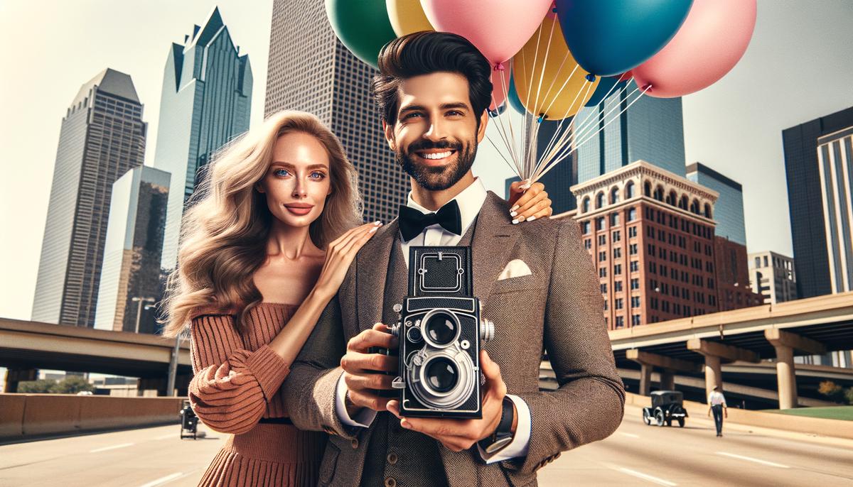 A couple using creative props during their engagement photo session in downtown Dallas
