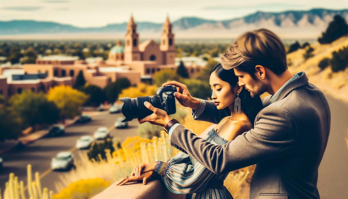 An engagement photographer capturing a couple's moment in a picturesque Albuquerque setting