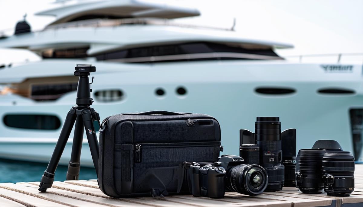 A collection of photography gear suitable for yacht photography, including a camera, lenses, tripod, and waterproof case