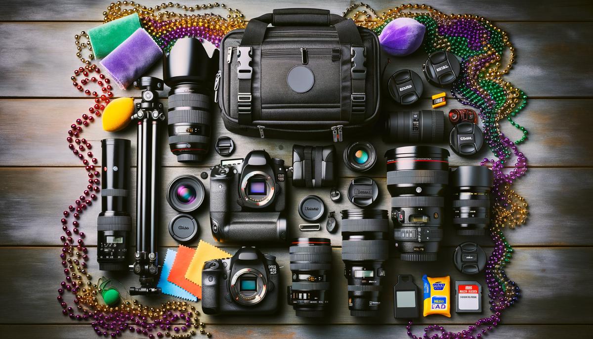 A display of essential photography gear for Mardi Gras, including a DSLR camera, lenses, and accessories