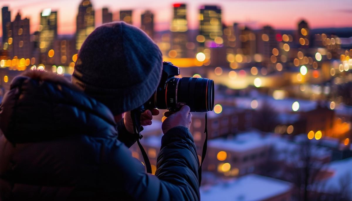 A photographer carefully composing a shot of Portland's urban nightscape, being mindful of privacy and ethical considerations