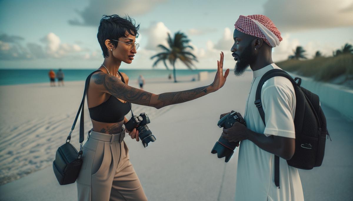 A street photographer respectfully interacts with a subject on a Miami beach before taking their photo