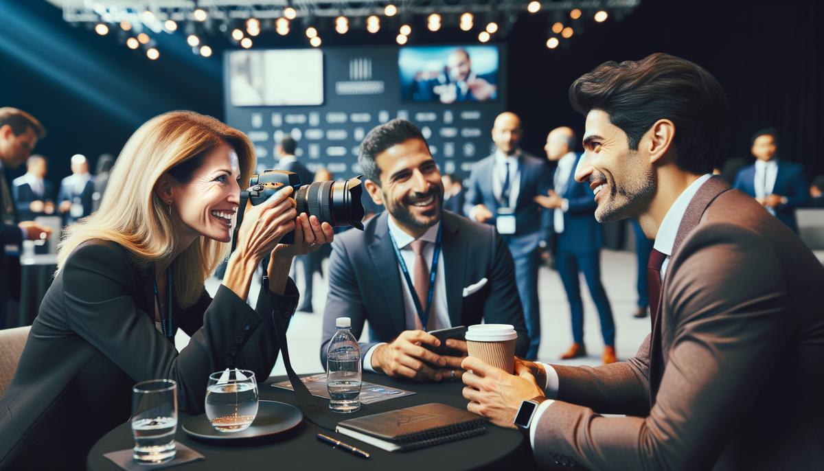 A photographer skillfully captures a candid moment of attendee interaction at a corporate event, showcasing their ability to document the event's energy and atmosphere.