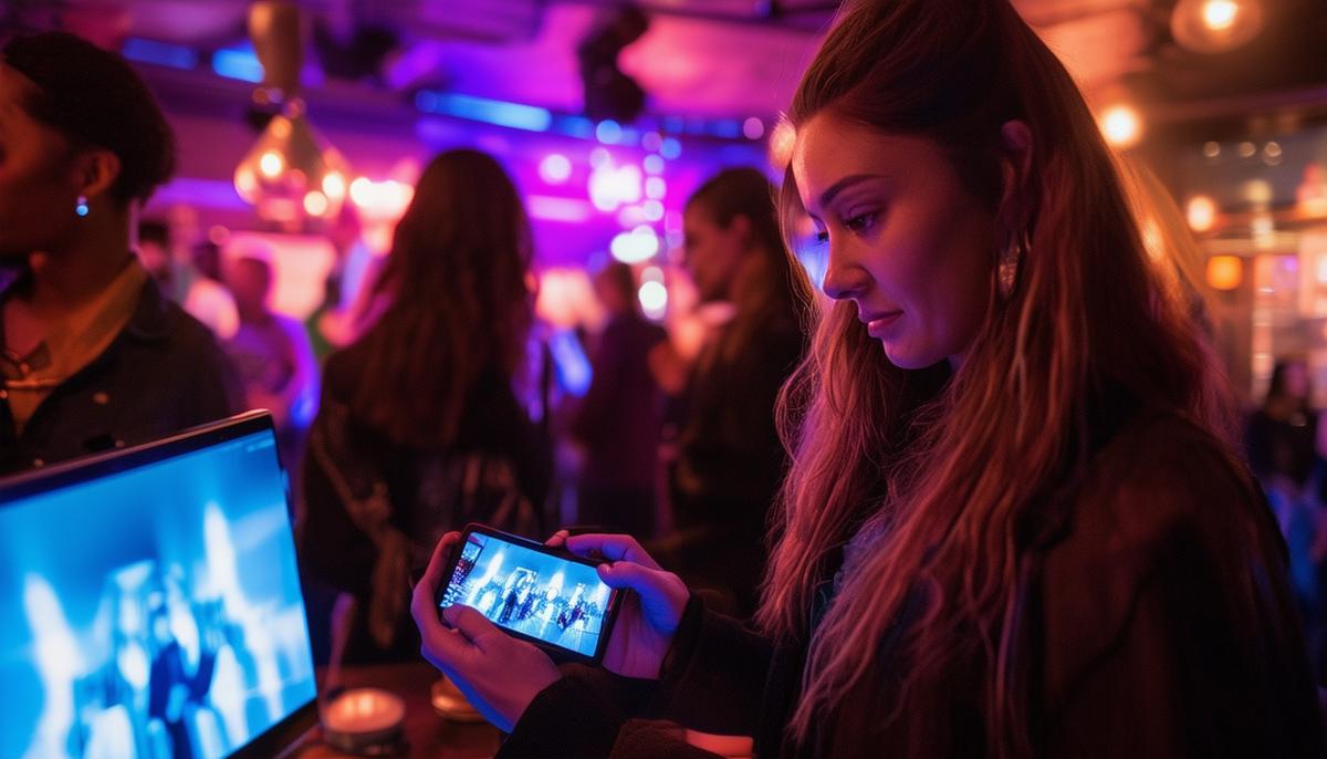 An event organizer and photographer reviewing photos together at a Minneapolis nightlife venue