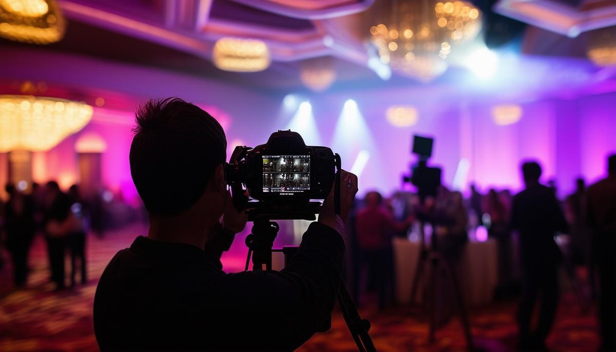 An event photographer skillfully adapting to the dynamic lighting conditions of a Las Vegas event, utilizing the right equipment and techniques to capture stunning images.