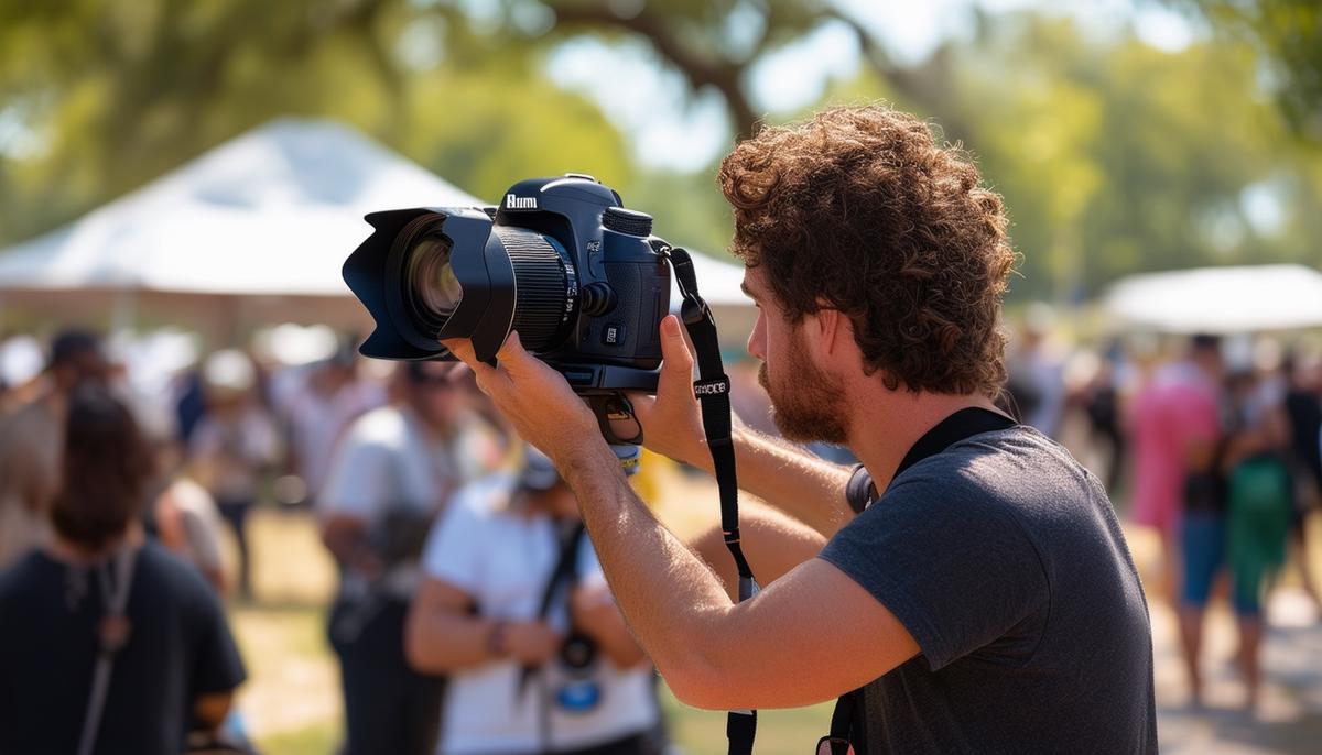An event photographer skillfully adjusting their camera to adapt to the harsh midday sun at an outdoor event in San Antonio.