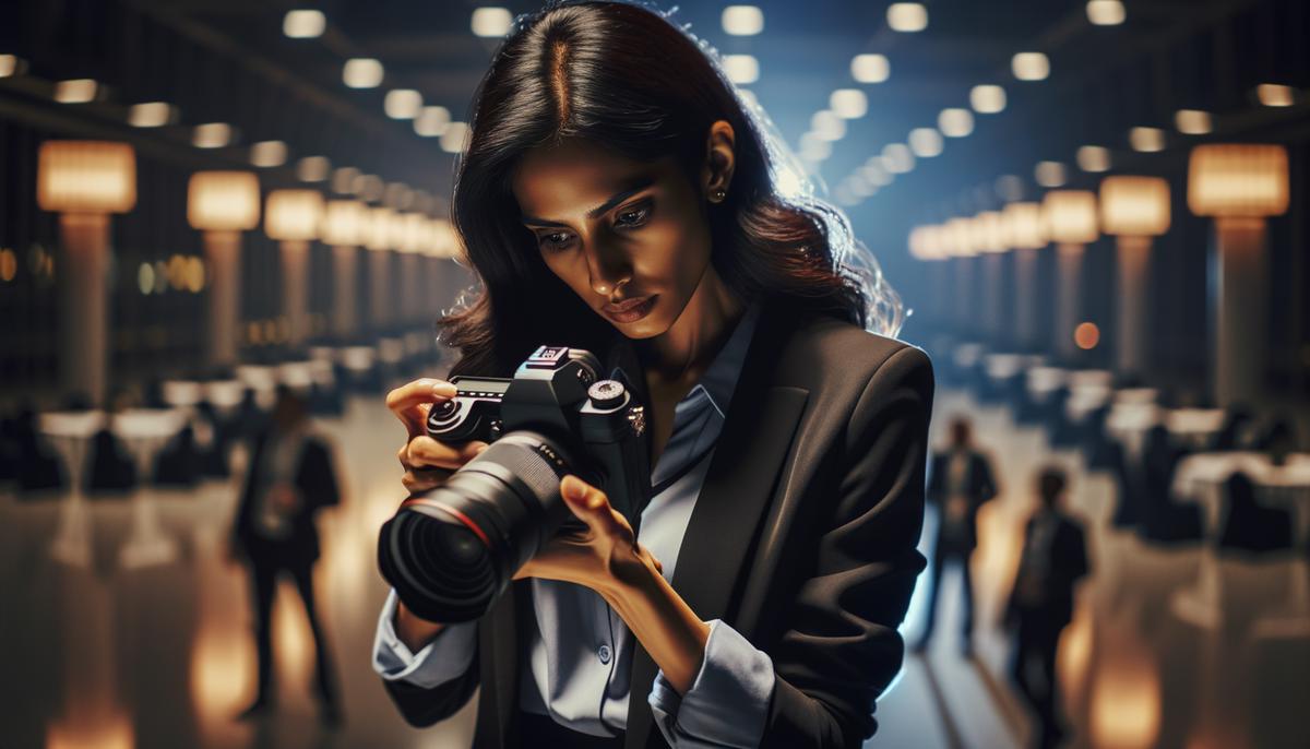 An event photographer adjusting camera settings in a dimly lit corporate venue in Atlanta