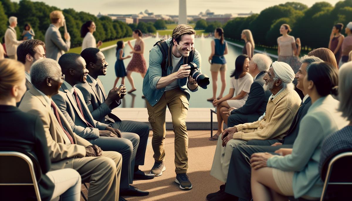 An event photographer discreetly capturing a candid moment at an outdoor gathering in Washington DC