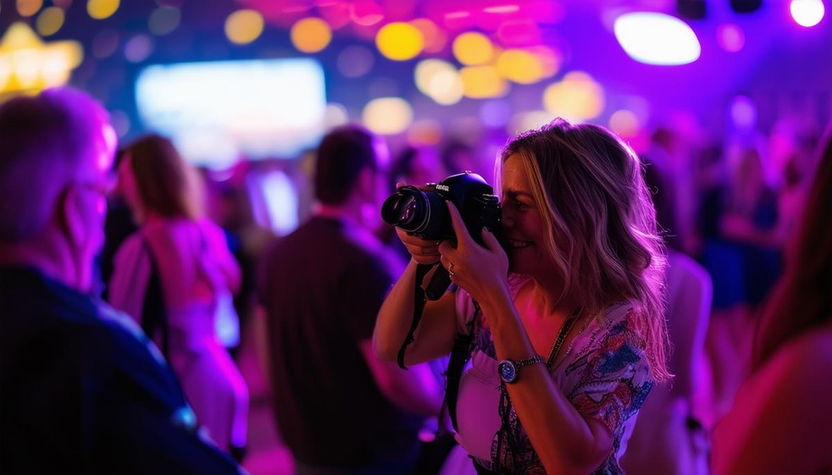 An event photographer adeptly capturing candid, authentic moments amidst the lively atmosphere of a Las Vegas event, showcasing their ability to adapt to the fast-paced environment.