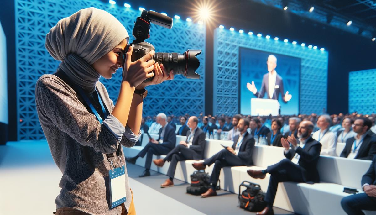 An event photographer discreetly captures a keynote speaker's presentation at a tech conference, showcasing the speaker's engaging stage presence and the attentive audience.