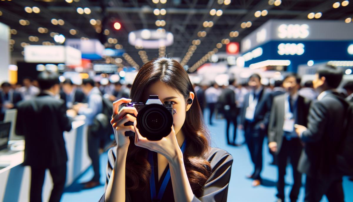 Event photographer skillfully capturing candid interactions and dynamic moments at a trade show, showcasing their understanding of camera settings, timing, and storytelling through images.
