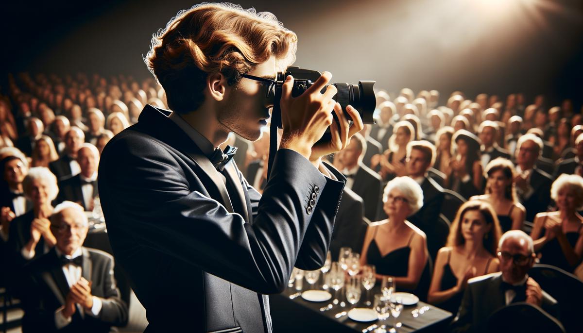 An event photographer navigating a crowded gala while managing complex lighting conditions