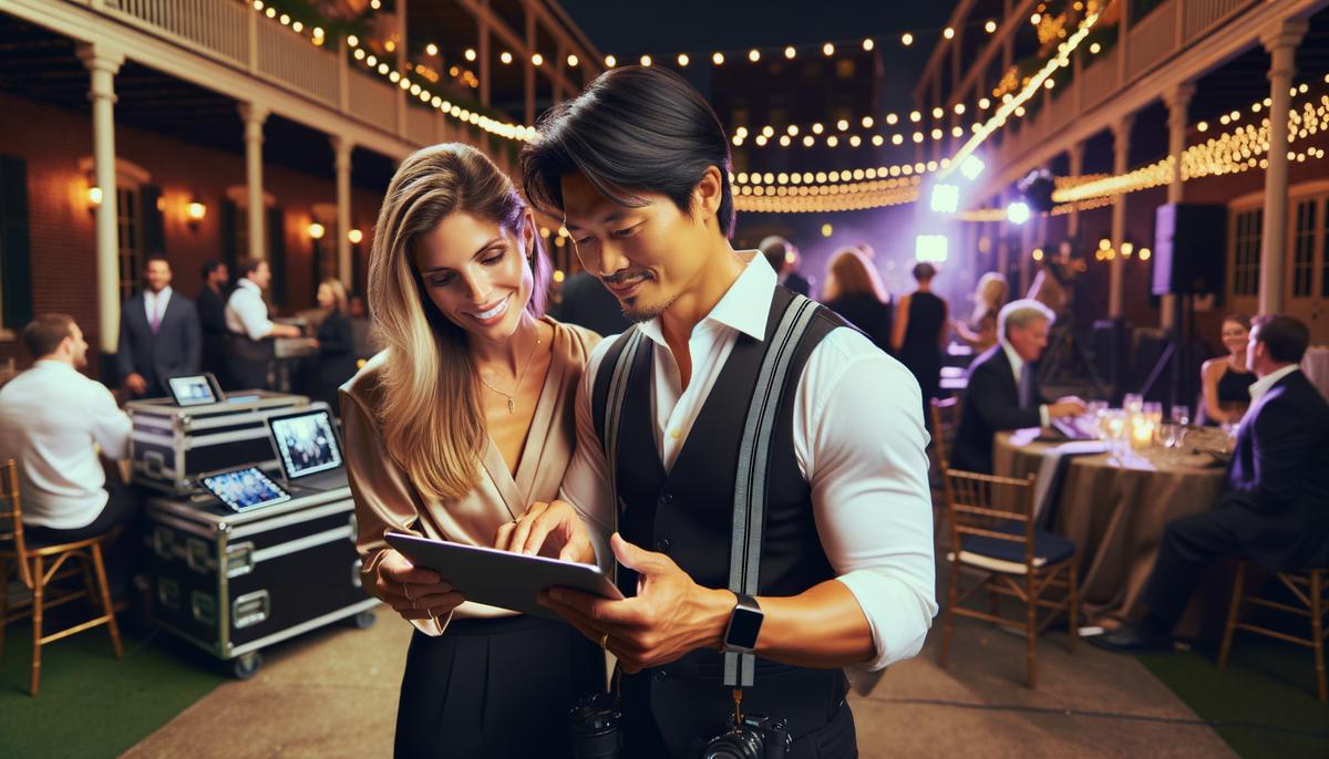 An event photographer discussing shots with a satisfied client at a New Orleans venue