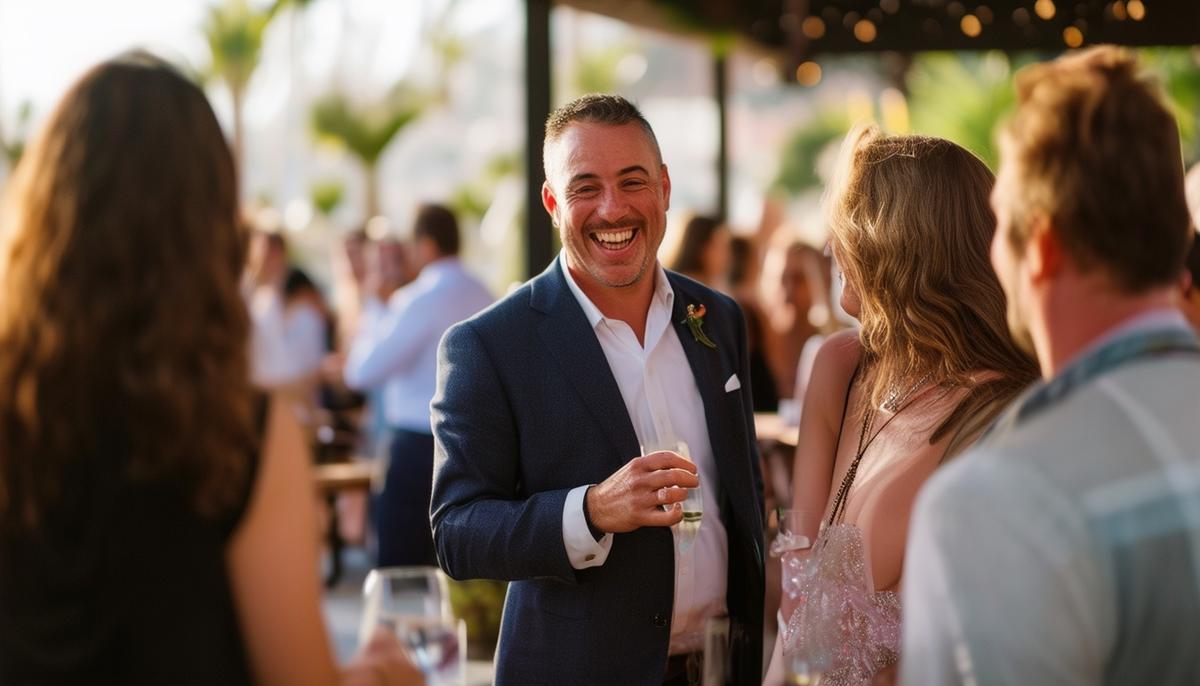 An event photographer interacting warmly with clients at a San Diego venue