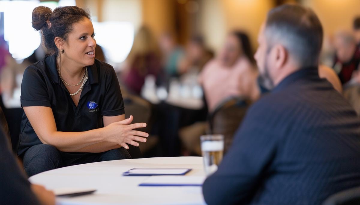 An event photographer engaging in a consultative discussion with a client, actively listening to their needs and expectations to provide customized photography services for their Las Vegas event.
