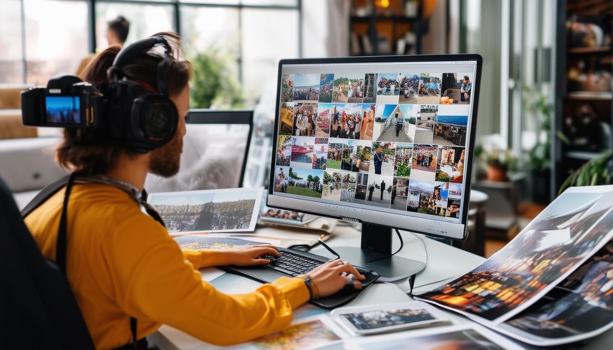 An event photographer editing photos on a computer, surrounded by event memorabilia
