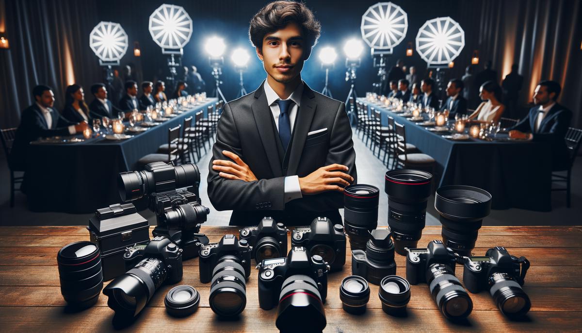 Event photographer with professional camera and lighting equipment