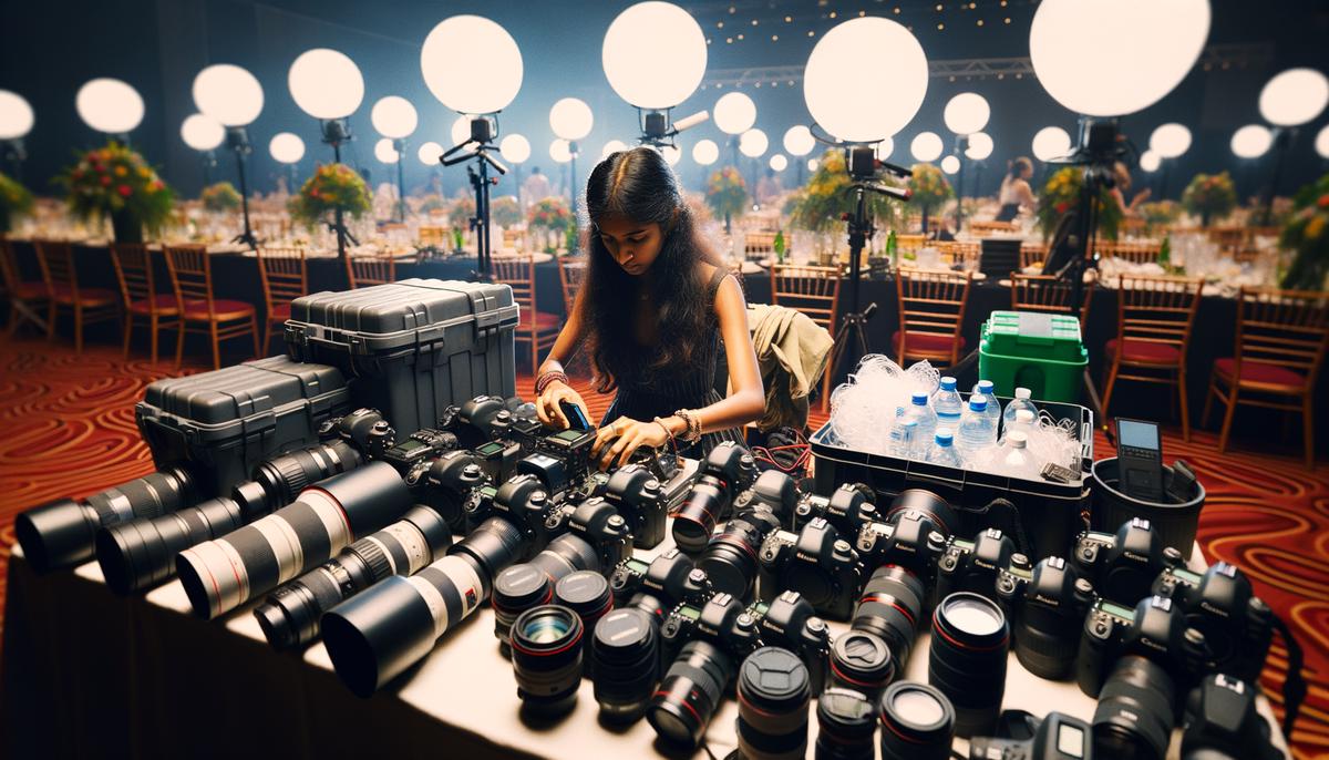 An event photographer setting up various lenses and camera equipment