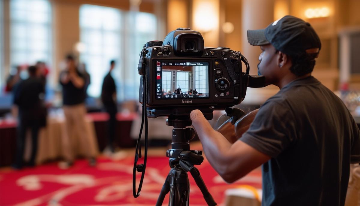 An event photographer at Boston University setting up equipment before an event
