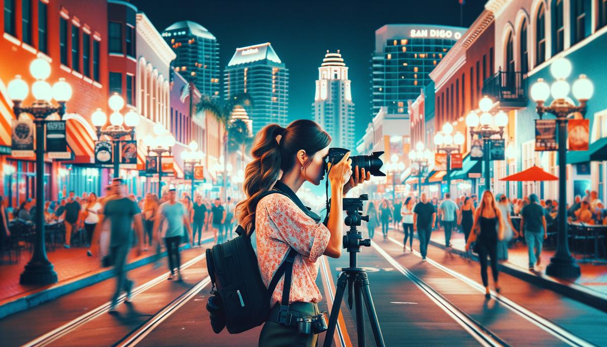 An event photographer capturing a lively scene in San Diego's Gaslamp Quarter