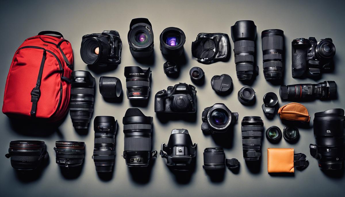 Event photographer's gear laid out, including camera, lenses, and accessories