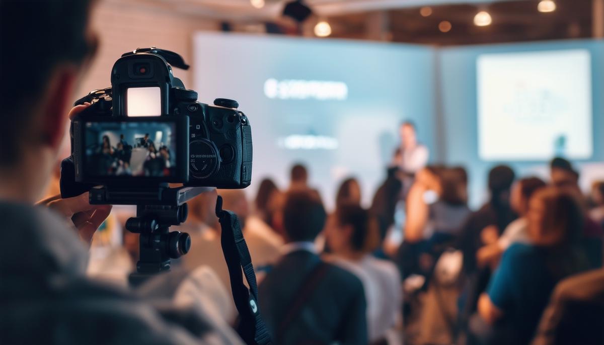 A professional photographer capturing dynamic moments at a startup event, with speakers and attendees visible in the background